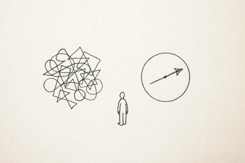 Hand-drawn person facing a small circle pointer and a messy pile of shapes, conveying the shift from option overload to a simple, fair decision path.
